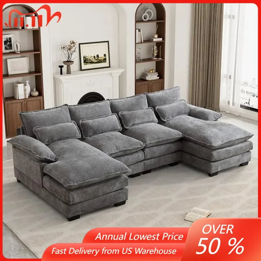 110" U Shape Sectional Cloud Couch,Modern Chenille Comfy Modular Sofa, 4 Seat Sleeper,Double Chaise