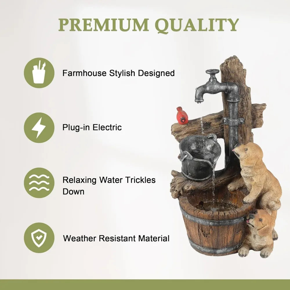 Puppy Rock Tower Farmhouse Resin Fountain with Lights, Outdoor Water Fountain