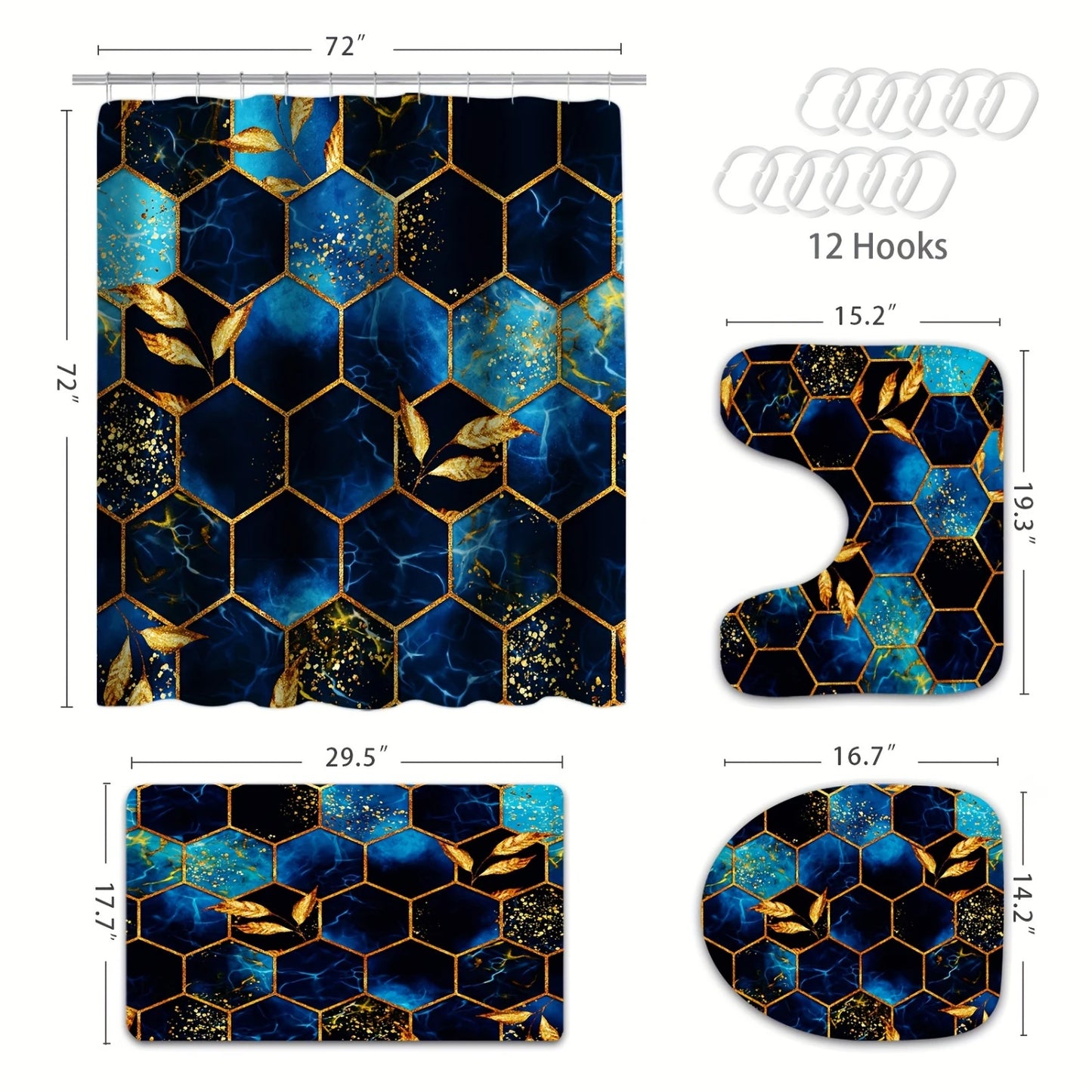 4pcs Modern Marble Shower Curtain Set, Elegant Gold Fabric Shower Curtains Bathroom Decor