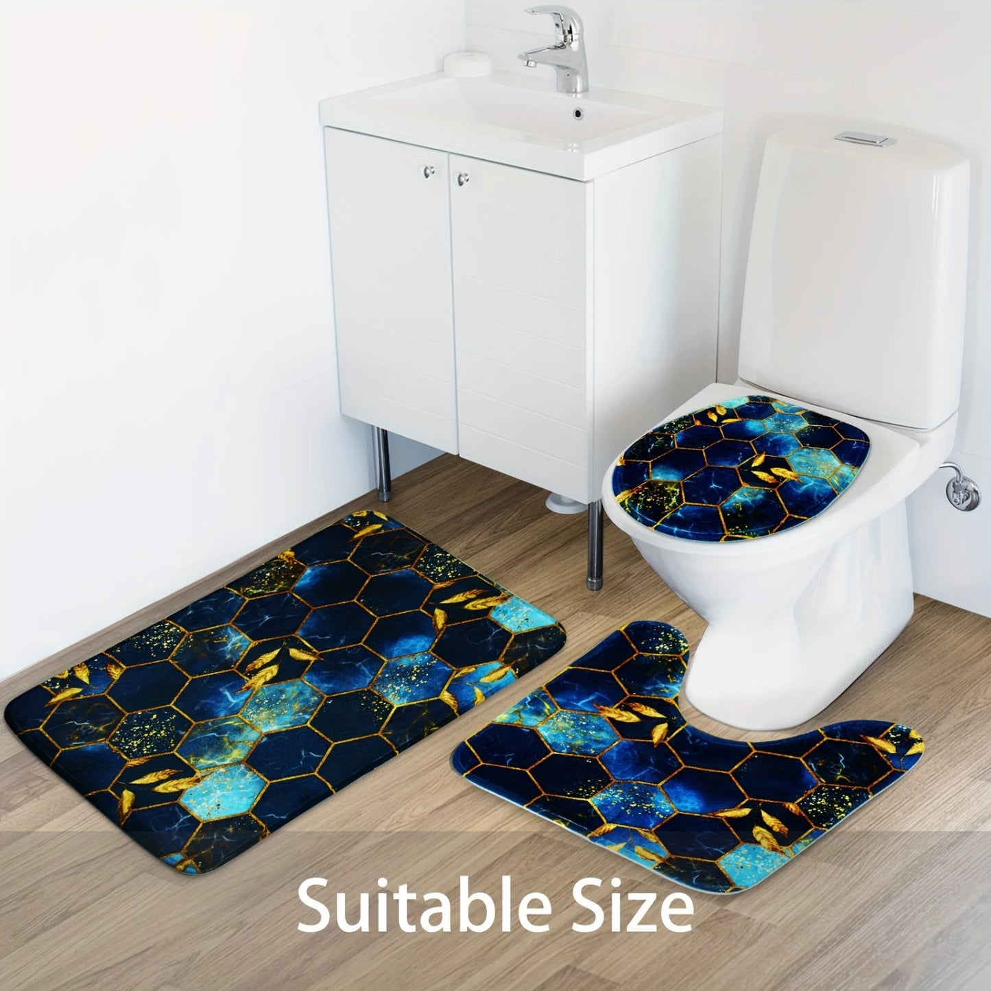4pcs Modern Marble Shower Curtain Set, Elegant Gold Fabric Shower Curtains Bathroom Decor
