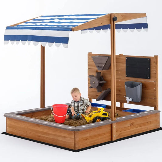 Kids Large Wooden SandBoxes with Roof, Outdoor Sand Box Play w/Canopy