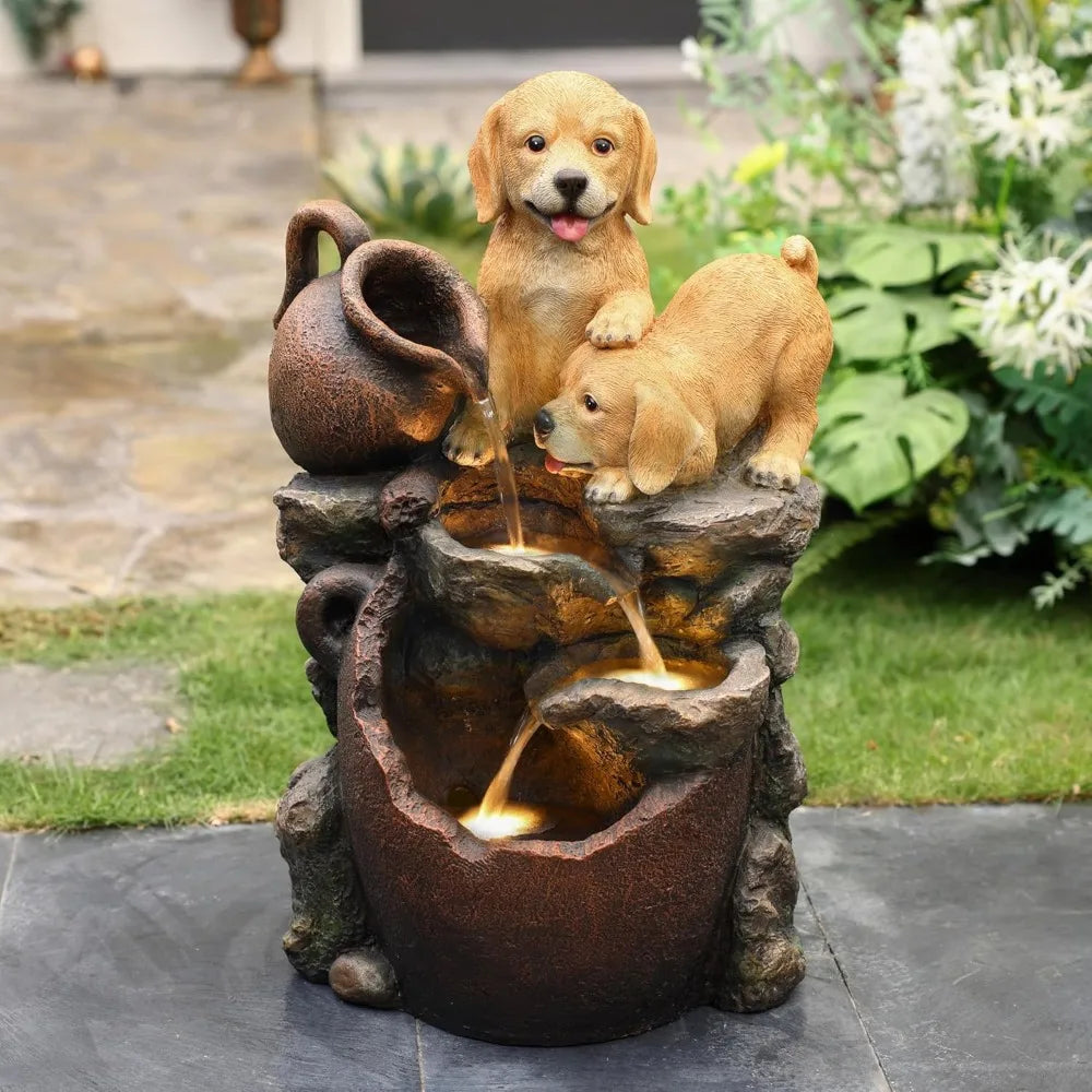 Puppy Rock Tower Farmhouse Resin Fountain with Lights, Outdoor Water Fountain