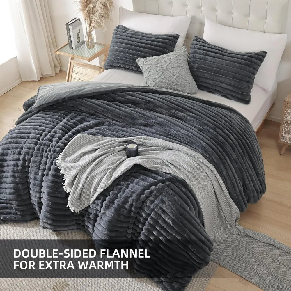 Smoofy Fluffy King Size Comforter Set 3 Pieces - Darkgrey Fleece Fluffy Comforter Set