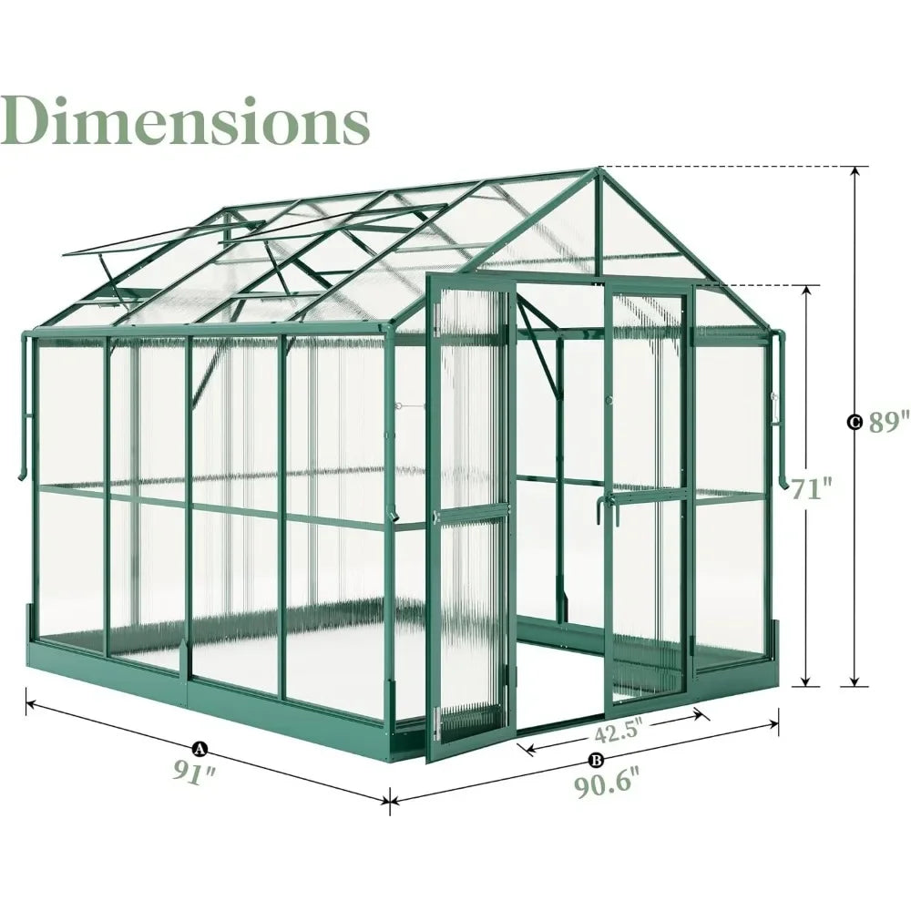 8x8x7.5 FT Greenhouse - Outdoor Aluminum Polycarbonate Greenhouse Walk in Greenhouse for Outdoors
