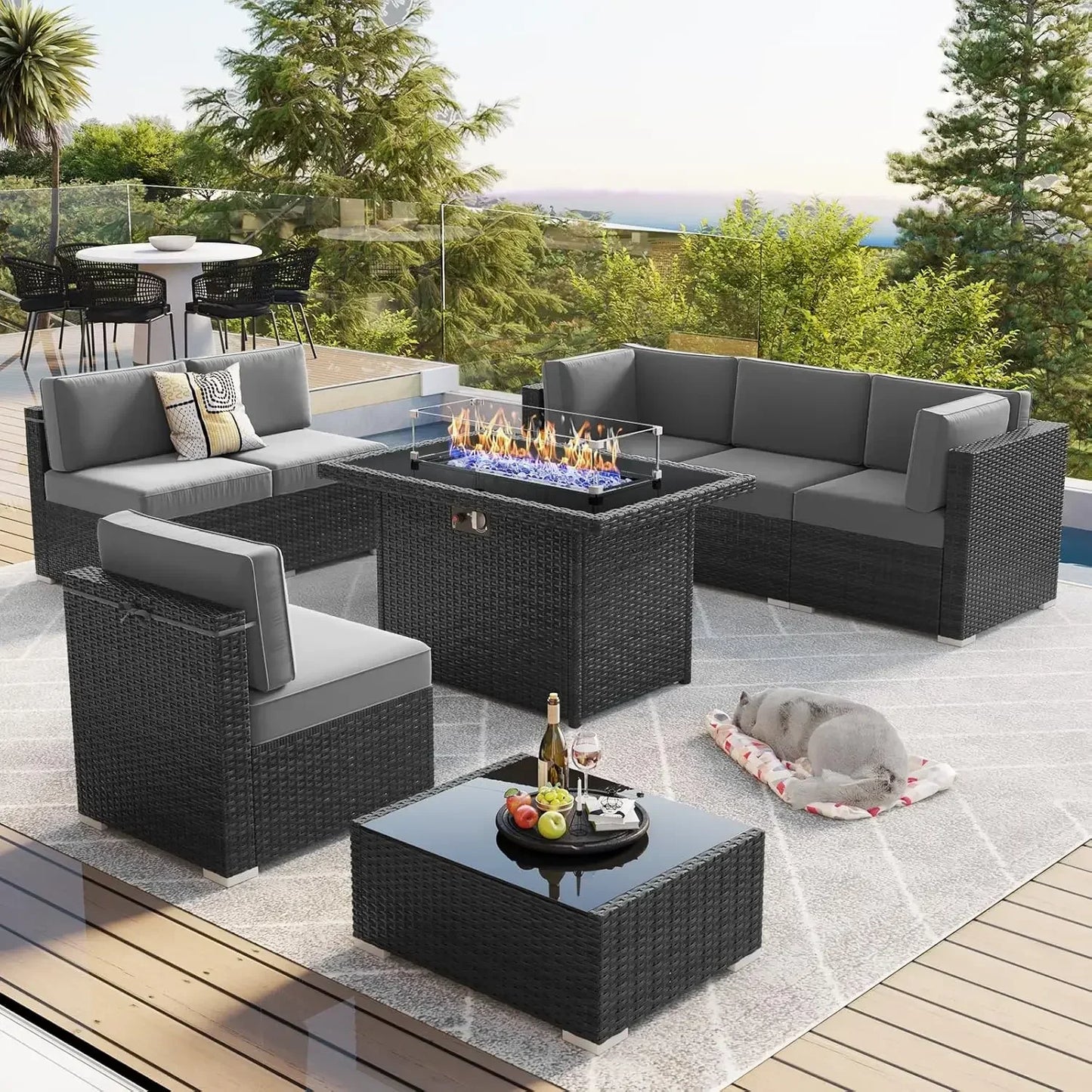 8 Piece Patio Furniture Set with 44" Propane Gas Fire Pit Table