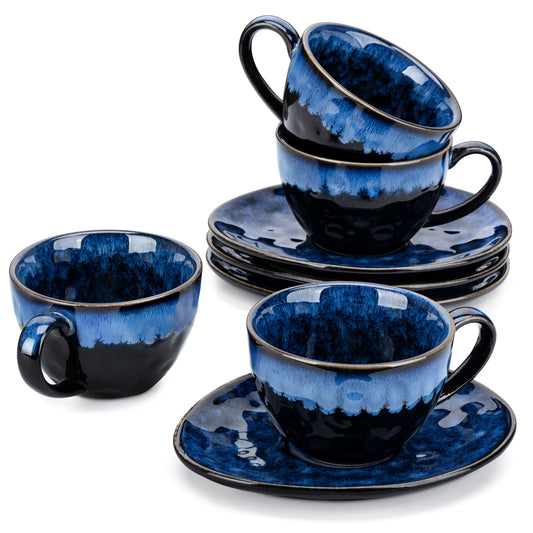 VANCASSO Starry Blue Ceramic Coffee Cup and Saucer Set Blue Kiln Change Glaze Afternoon