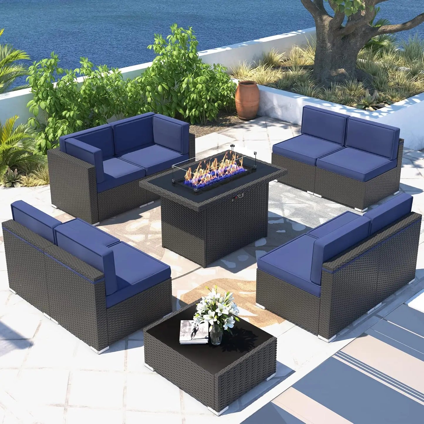 Patio Furniture Set  Fire Pit Table, Outdoor Sectional Wicker Conversation Sofa Sets
