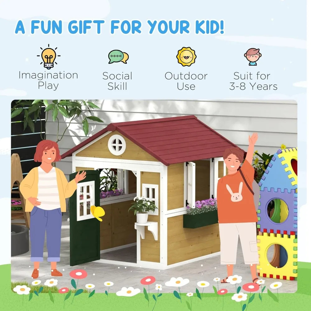 Playhouse for Kids Outdoor, Wooden Playhouse with Doors, Windows, Planter Pots and Boxes for Toddlers 3-8 Years