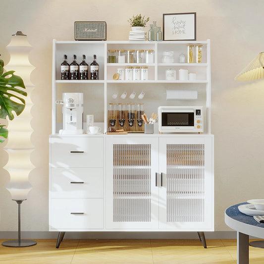 VOWNER Kitchen Hutch Storage Cabinet, Freestanding Kitchen Pantry with Glass Doors and 3 Drawers