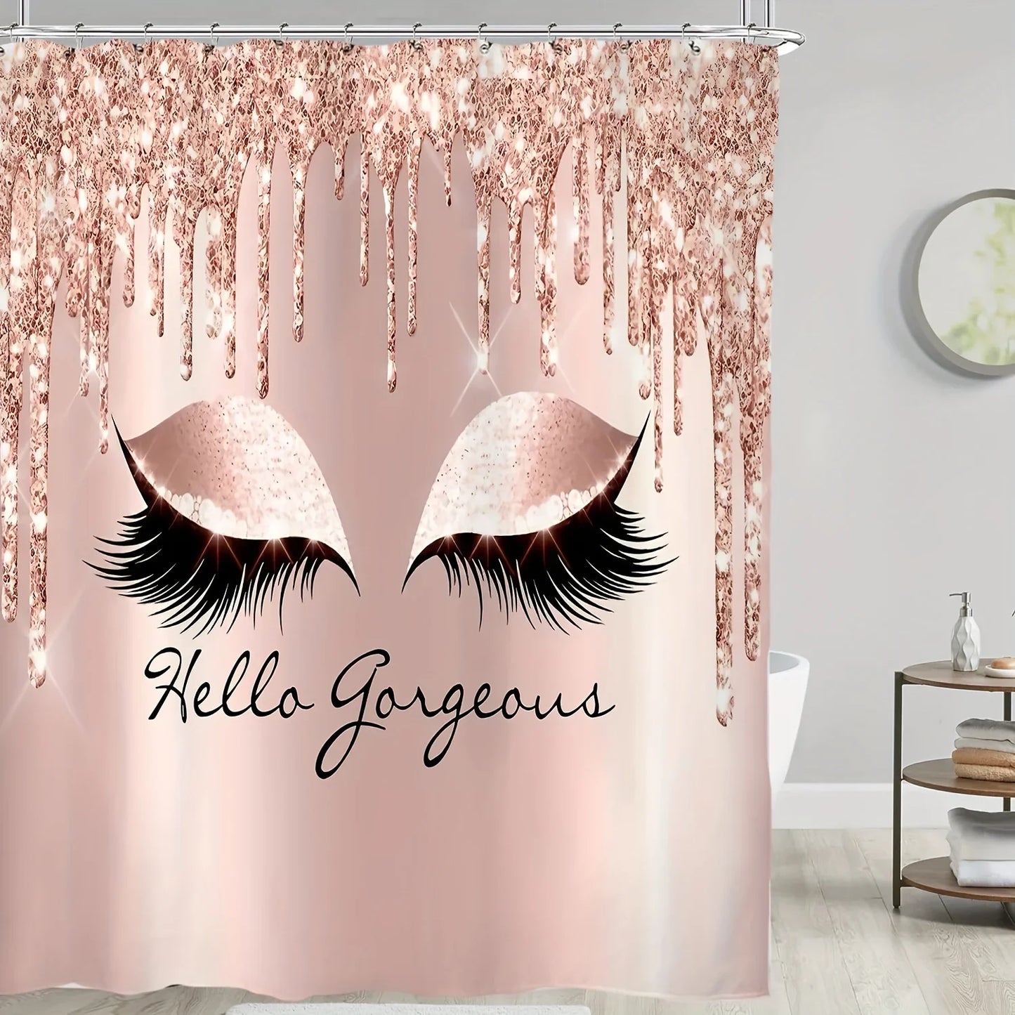 4pcs Pink Eyelash Shower Curtain Set - Waterproof and Easy-to-Clean with 12 Durable , Non-Slip Rug, Soft Toilet Lid Cover Pad,