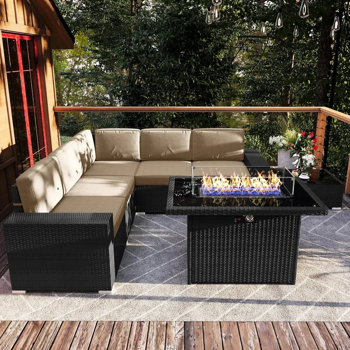 Patio Furniture Set  Fire Pit Table, Outdoor Sectional Wicker Conversation Sofa Sets