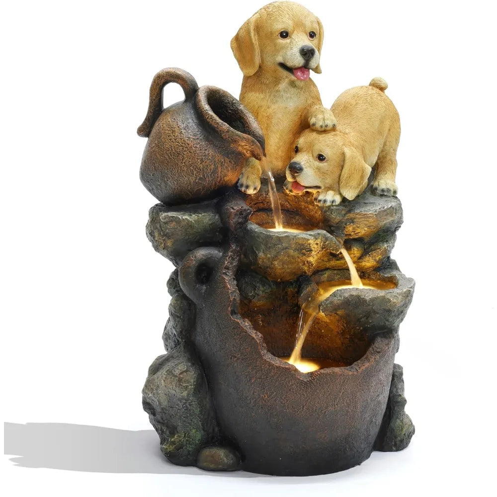 Puppy Rock Tower Farmhouse Resin Fountain with Lights, Outdoor Water Fountain