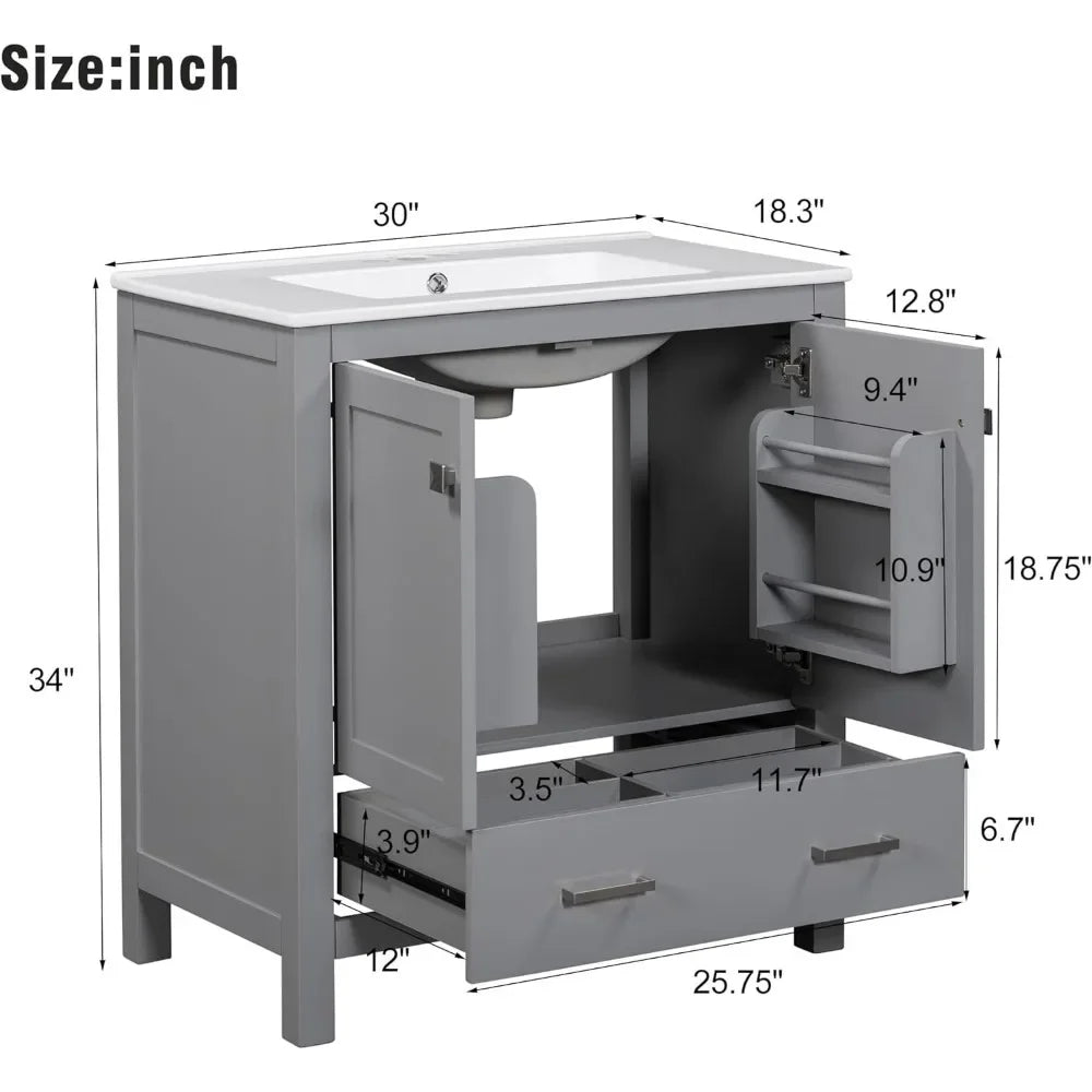 30 Inch Bathroom Vanity with Sink, Solid Wood Bathroom Cabinet with One Drawer and 2 Doors, Multifunctional Storage Organizers