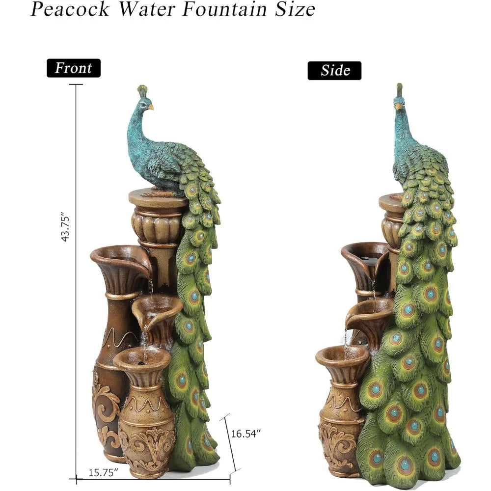 Outdoor fountain, 44 inch resin peacock, outdoor fountain with LED lights