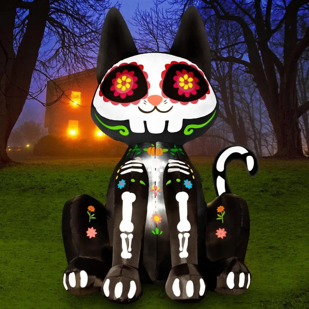 6Ft Halloween Decorations Inflatable Black Cat Halloween Sugar Skull Blow Up