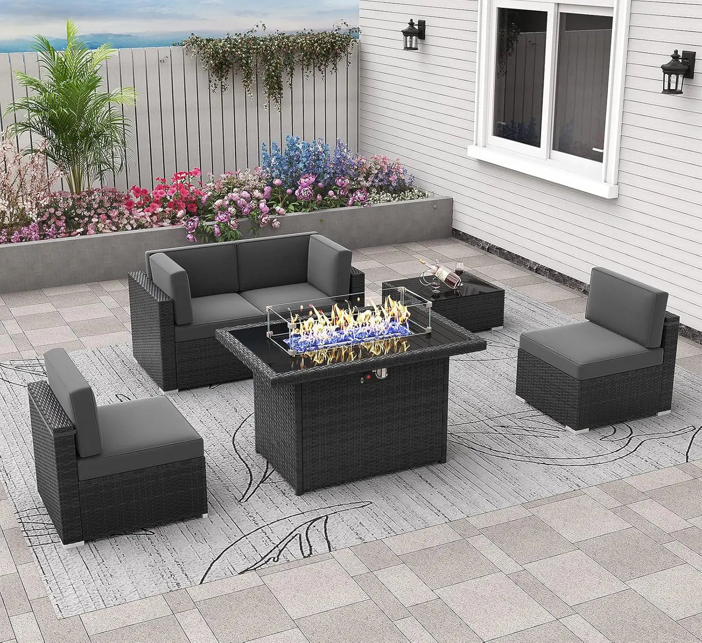 Patio Furniture Set  Fire Pit Table, Outdoor Sectional Wicker Conversation Sofa Sets