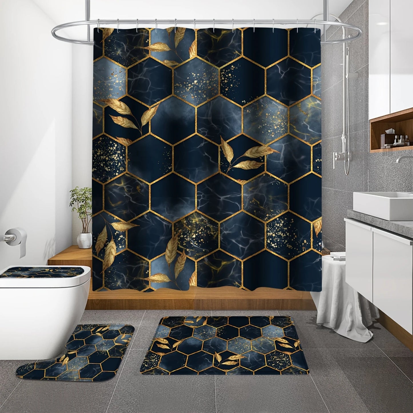 4pcs Modern Marble Shower Curtain Set, Elegant Gold Fabric Shower Curtains Bathroom Decor