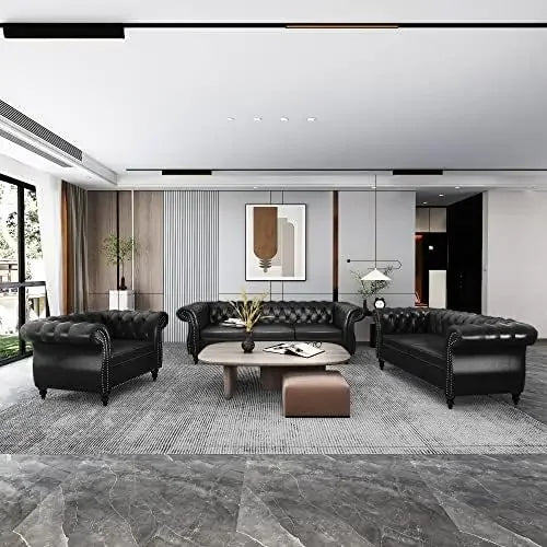 3 Pieces of Living Room Furniture Sofa Sets, Modern Faux Leather Chesterfield Sofa&Chesterfield Club Chair
