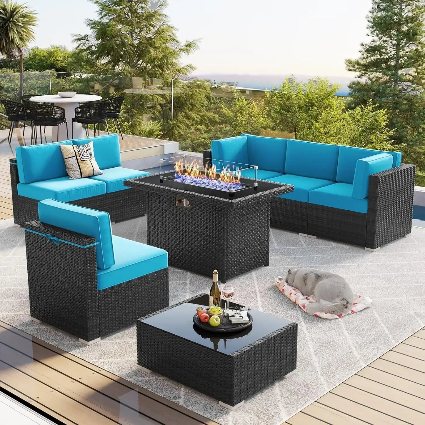 8 Piece Patio Furniture Set with 44" Propane Gas Fire Pit Table