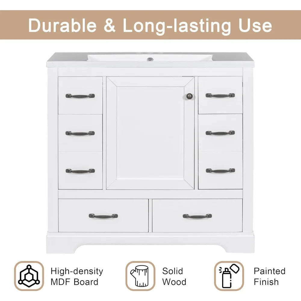 36" Bathroom Vanity with Sink ,6 Drawers & One Cabinet with Adjustable Shelf