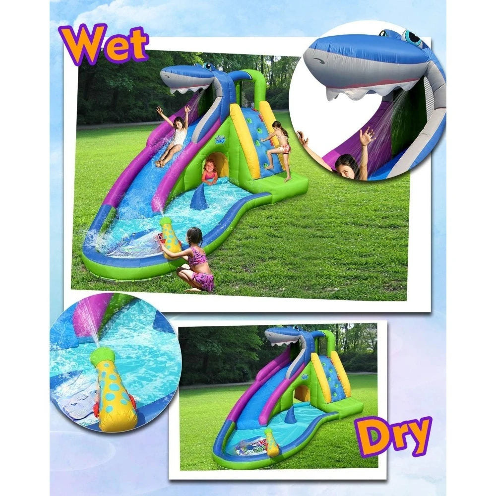 NEW!Inflatable Water Slide,Shark Bounce House w/Slide for Wet and Dry,Playground Sets for Kids Backyard