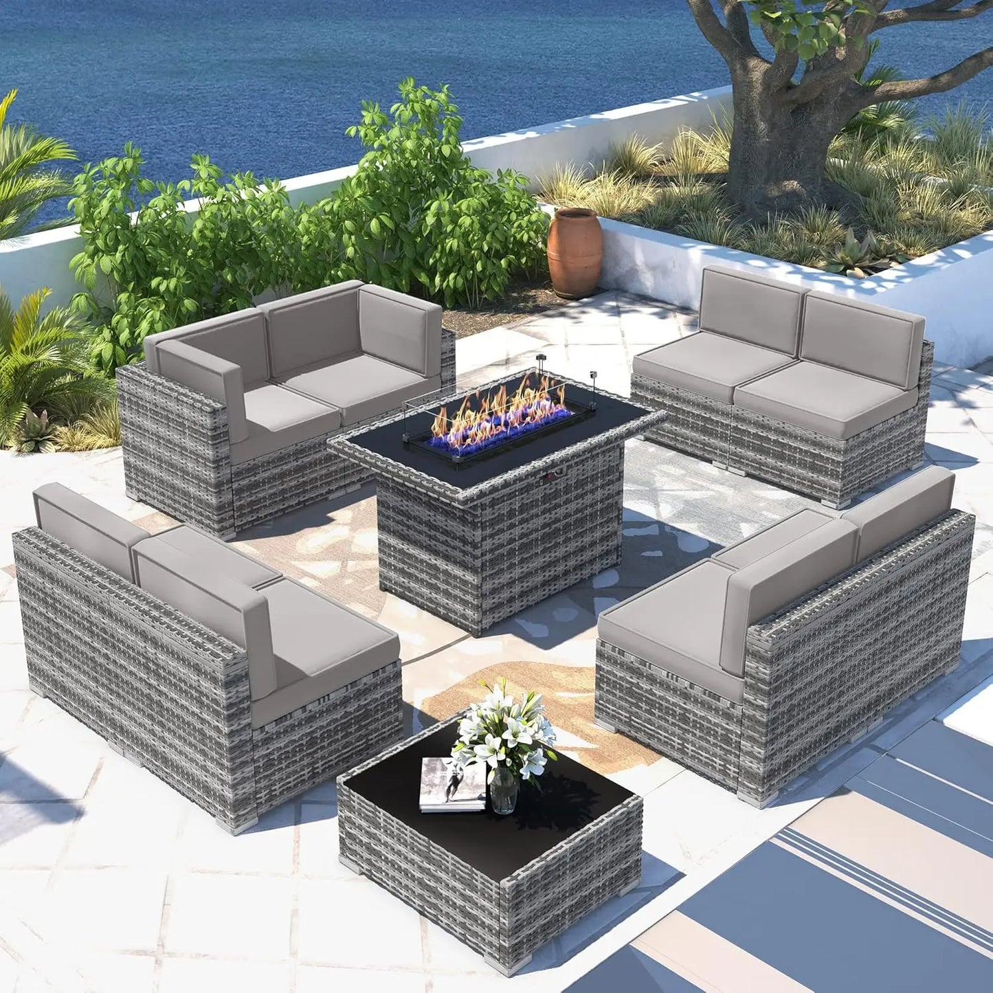 Patio Furniture Set  Fire Pit Table, Outdoor Sectional Wicker Conversation Sofa Sets