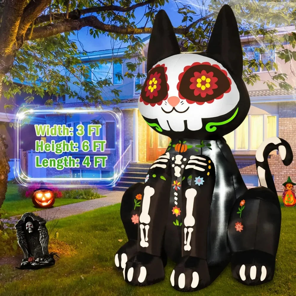 6Ft Halloween Decorations Inflatable Black Cat Halloween Sugar Skull Blow Up