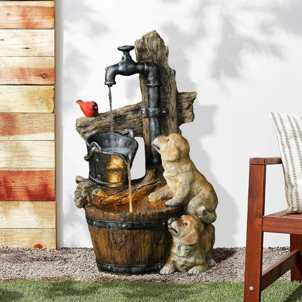 Puppy Rock Tower Farmhouse Resin Fountain with Lights, Outdoor Water Fountain