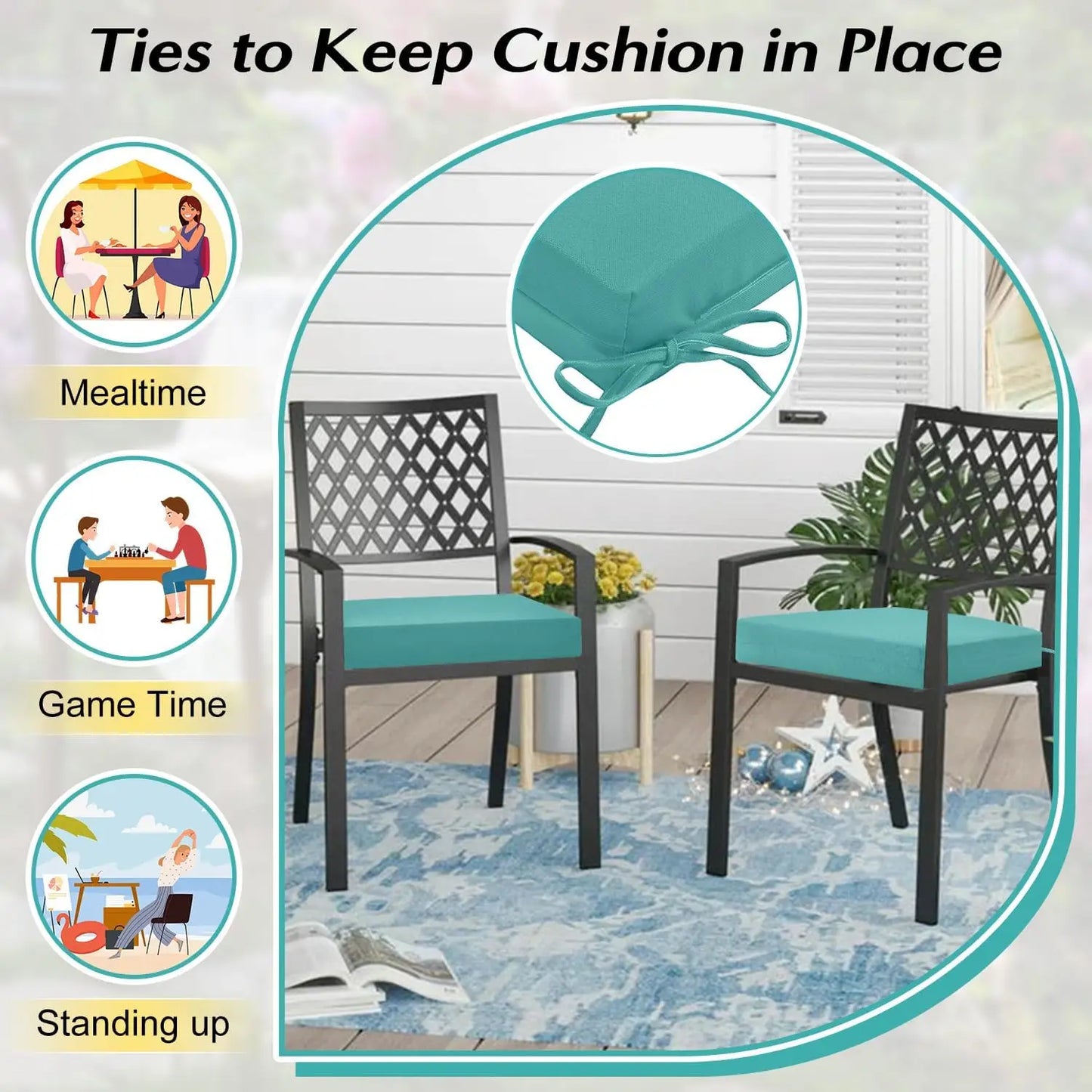 Outdoor Chair Cushions Set of 6, Outdoor Patio Chair Cushions with Ties,