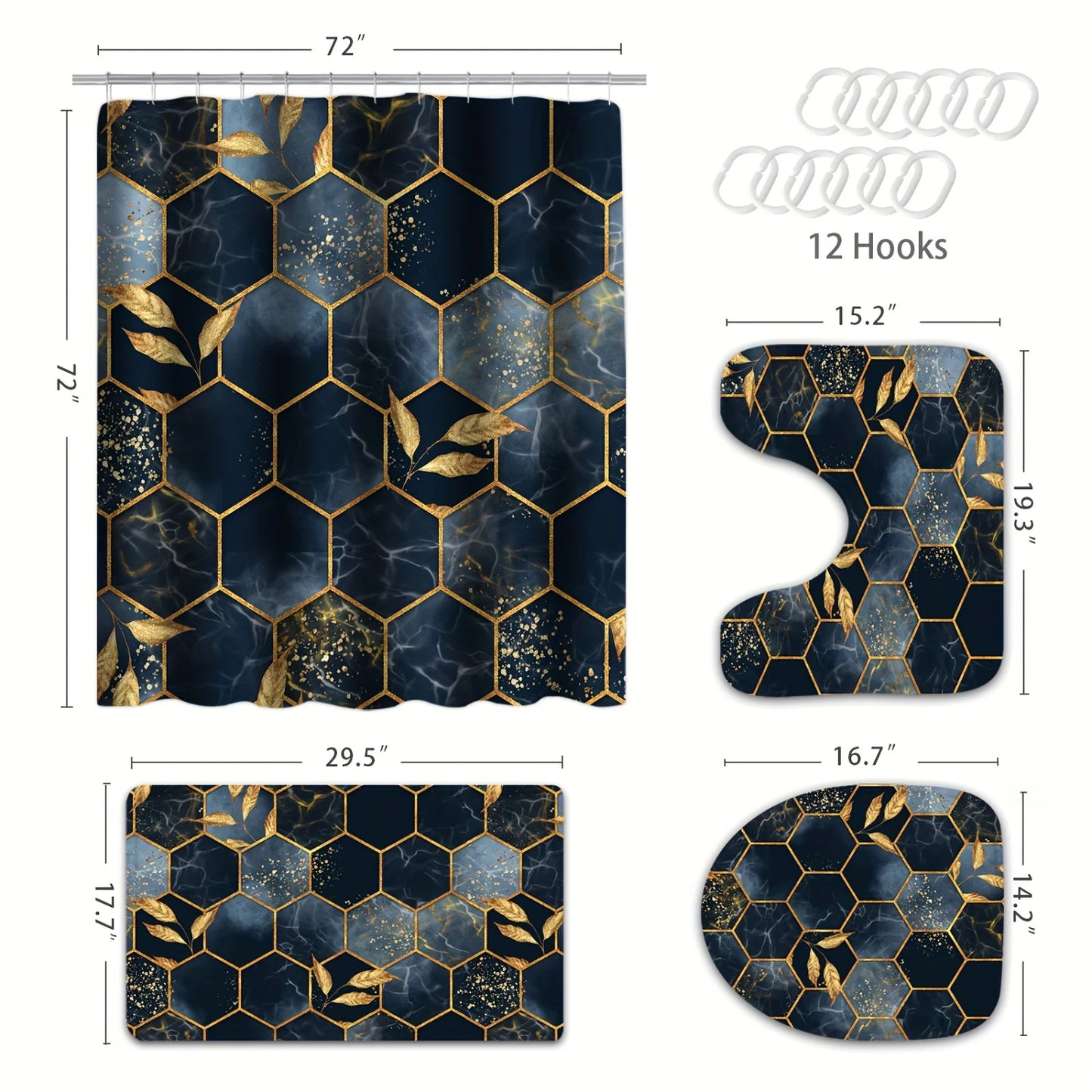 4pcs Modern Marble Shower Curtain Set, Elegant Gold Fabric Shower Curtains Bathroom Decor
