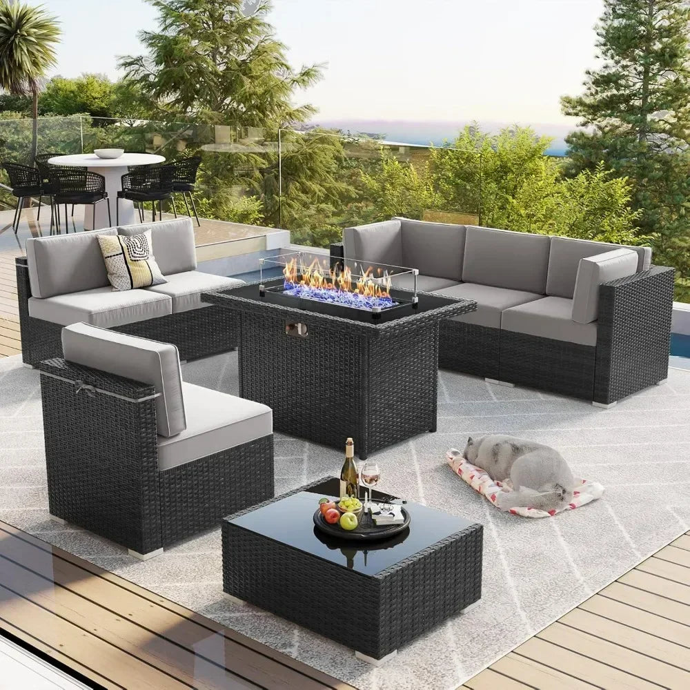 8 Piece Patio Furniture Set with 44" Propane Gas Fire Pit Table