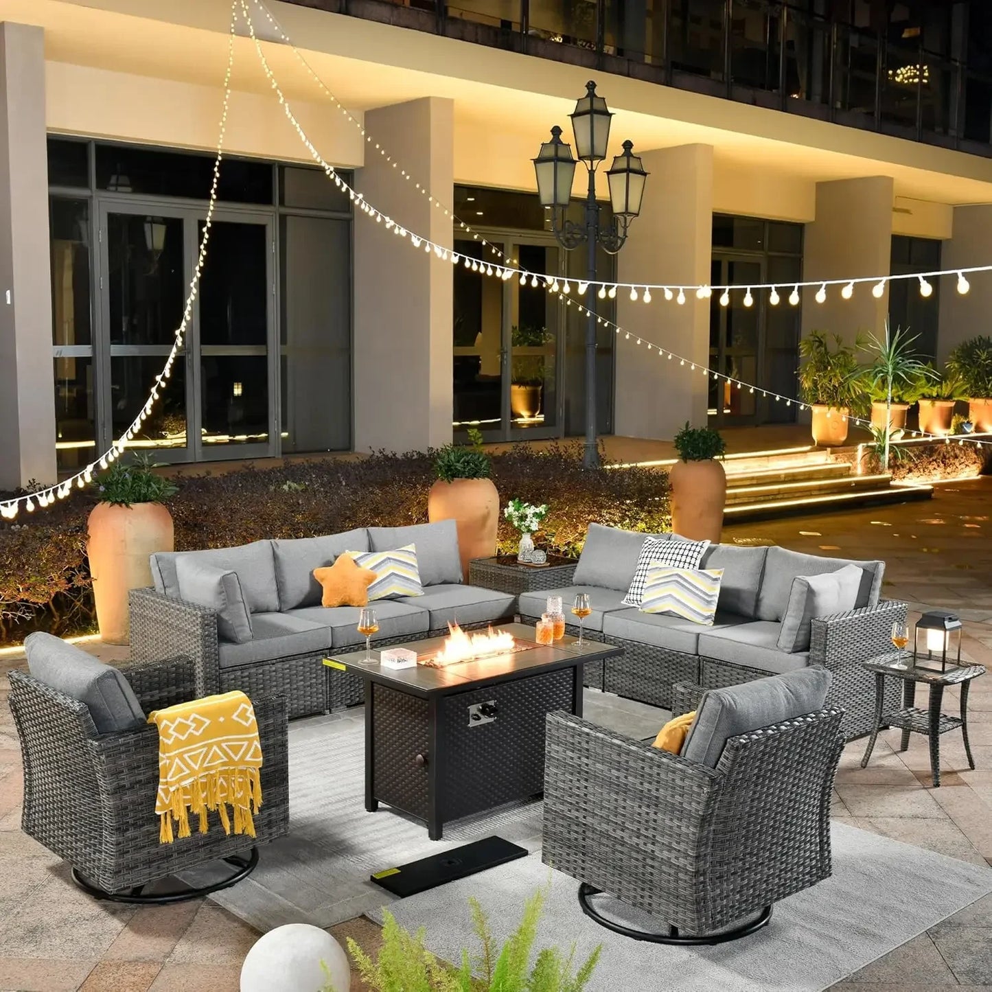 11 Piece Patio Furniture Set with Fire Pit Table, Conversation Sectional Wicker Couch with Swivel Chairs