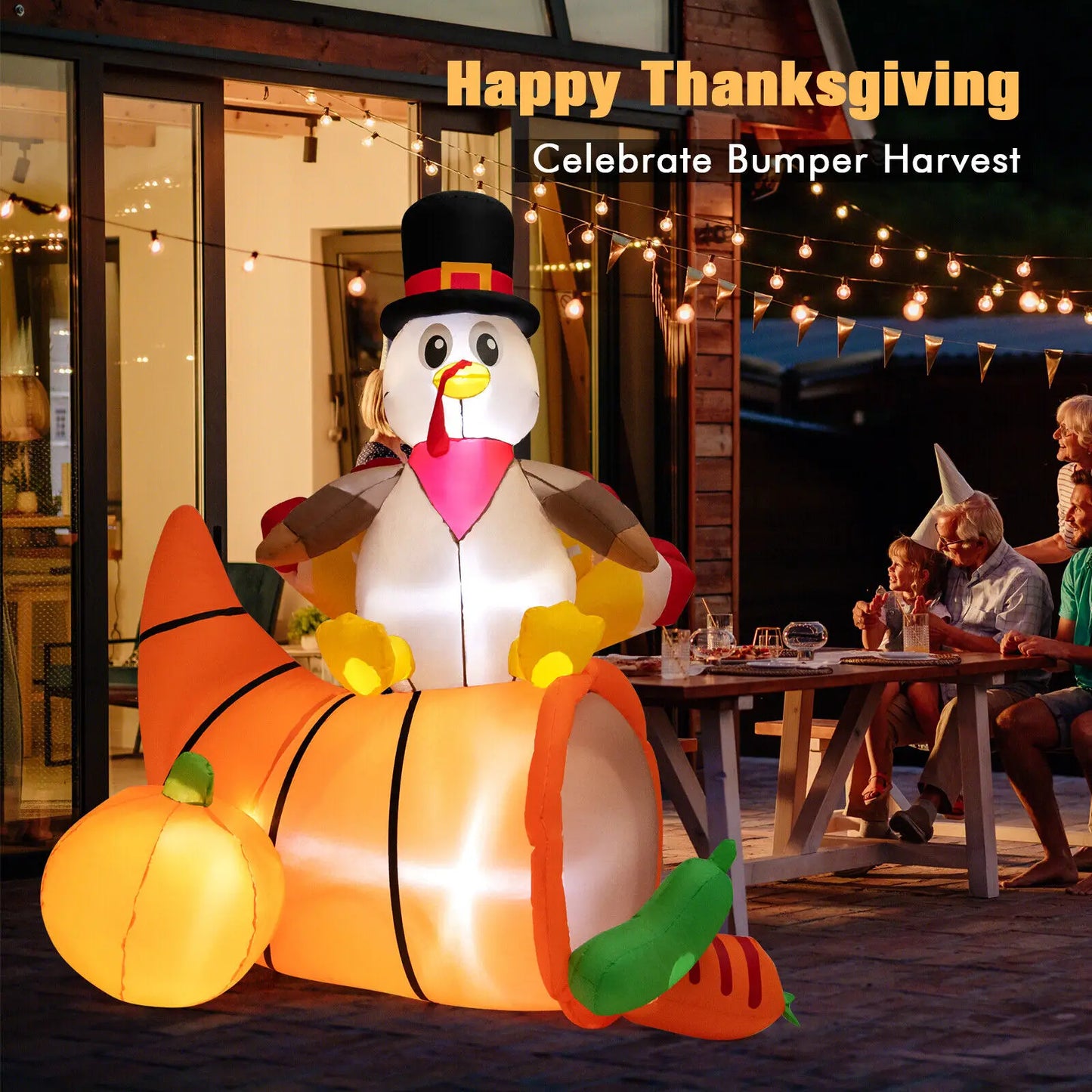 Costway 6 FT Thanksgiving Inflatable Turkey on Cornucopia Harvest Autumn Decor w/Light