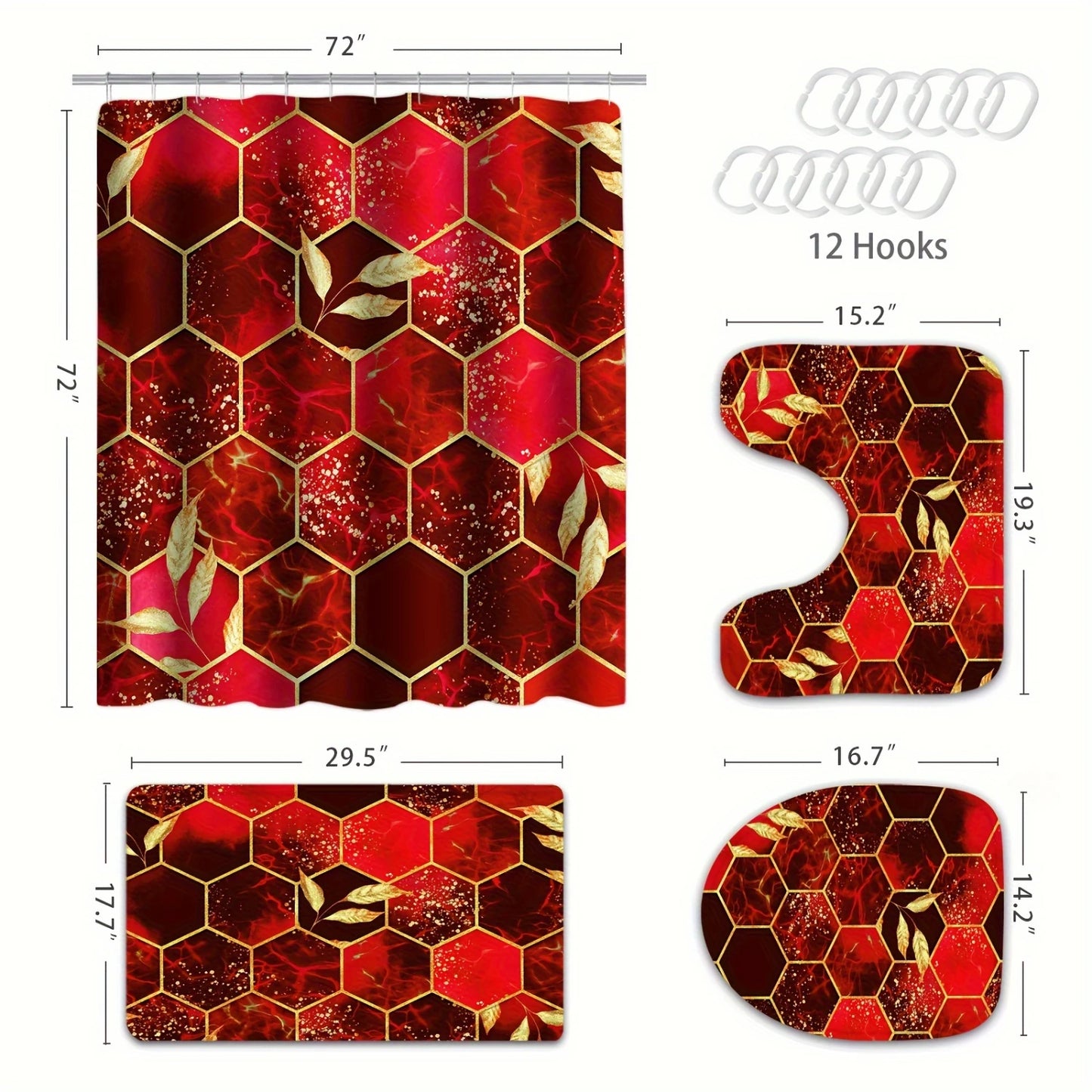 4pcs Modern Marble Shower Curtain Set, Elegant Gold Fabric Shower Curtains Bathroom Decor