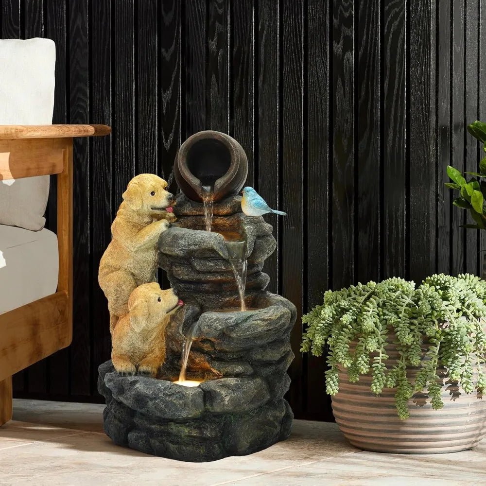 Puppy Rock Tower Farmhouse Resin Fountain with Lights, Outdoor Water Fountain