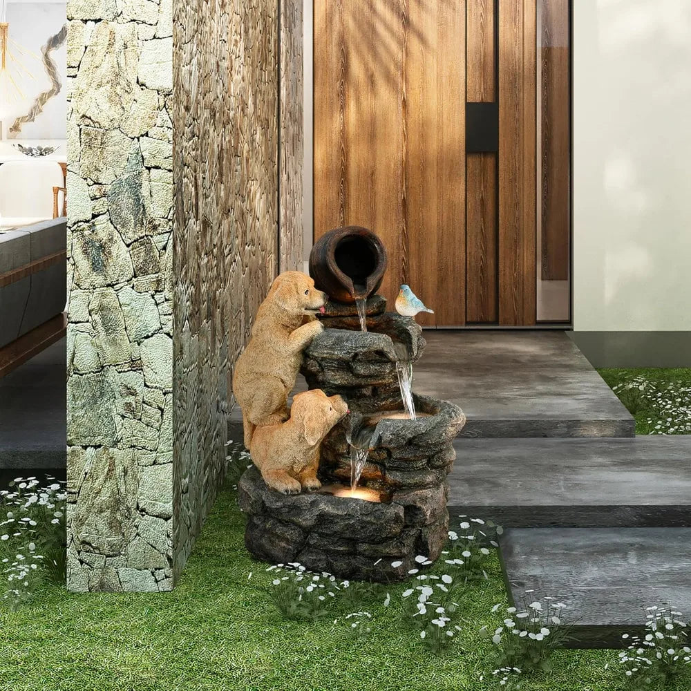 Puppy Rock Tower Farmhouse Resin Fountain with Lights, Outdoor Water Fountain