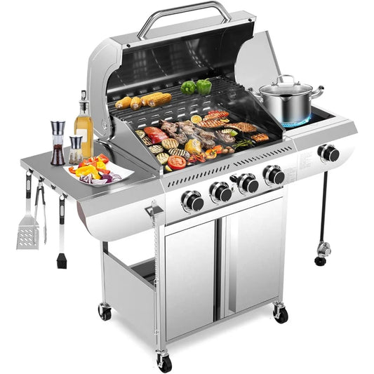 R.W.FLAME 4-Burner Gas Grill with Side Burner, Stainless Steel Propane Grill 42000BTU for Outdoor Cooking