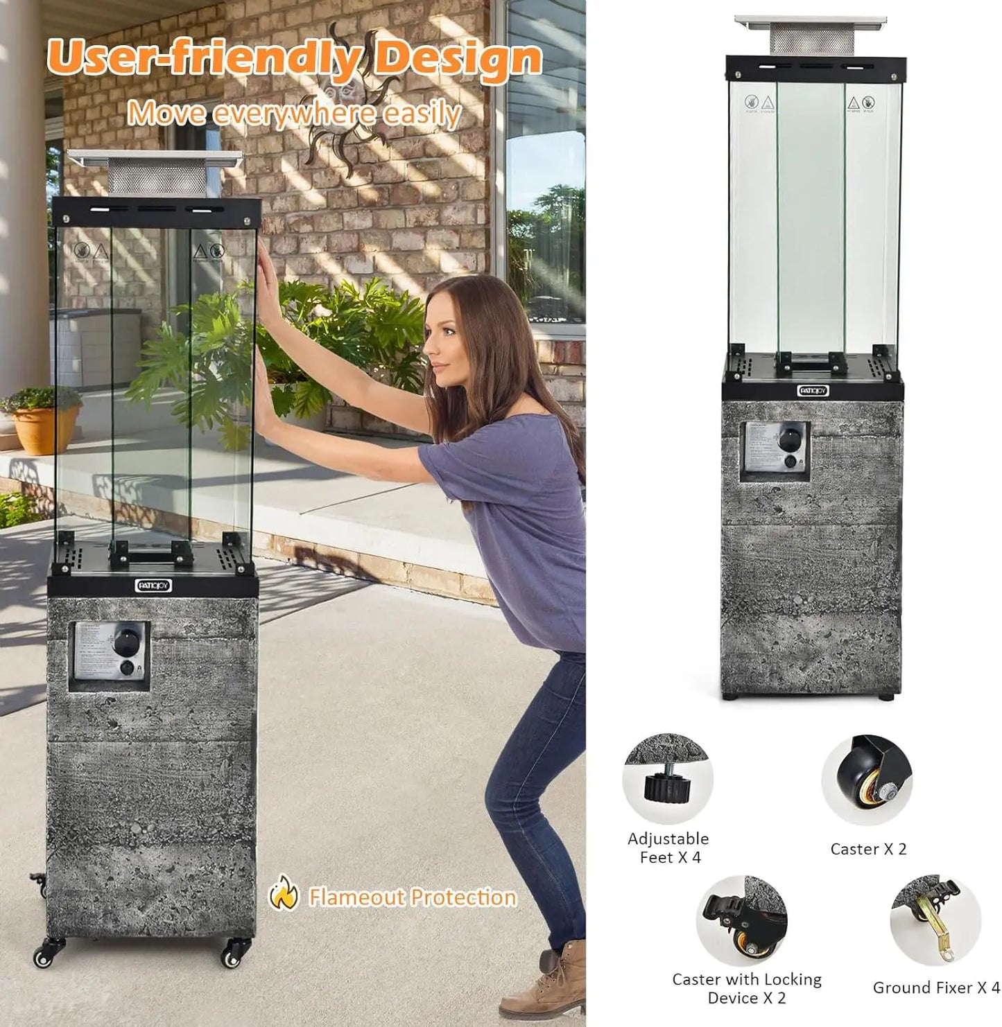 41,000 BTU Propane Patio Heater with Waterproof Cover, Outdoor Heater with Lockable Wheels