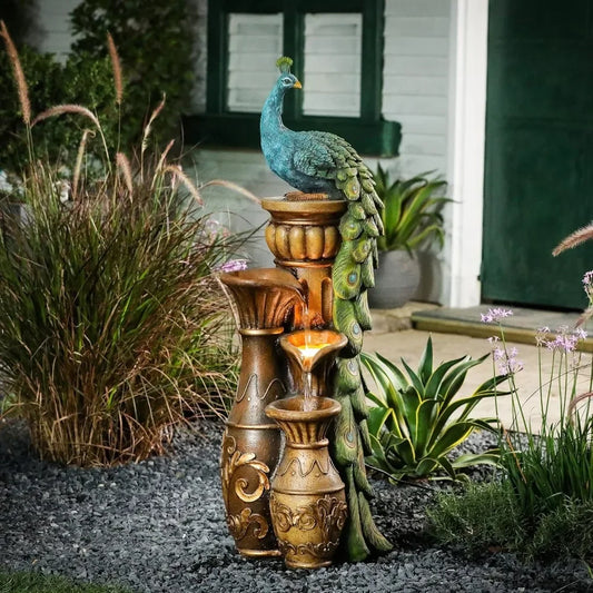 Outdoor fountain, 44 inch resin peacock, outdoor fountain with LED lights