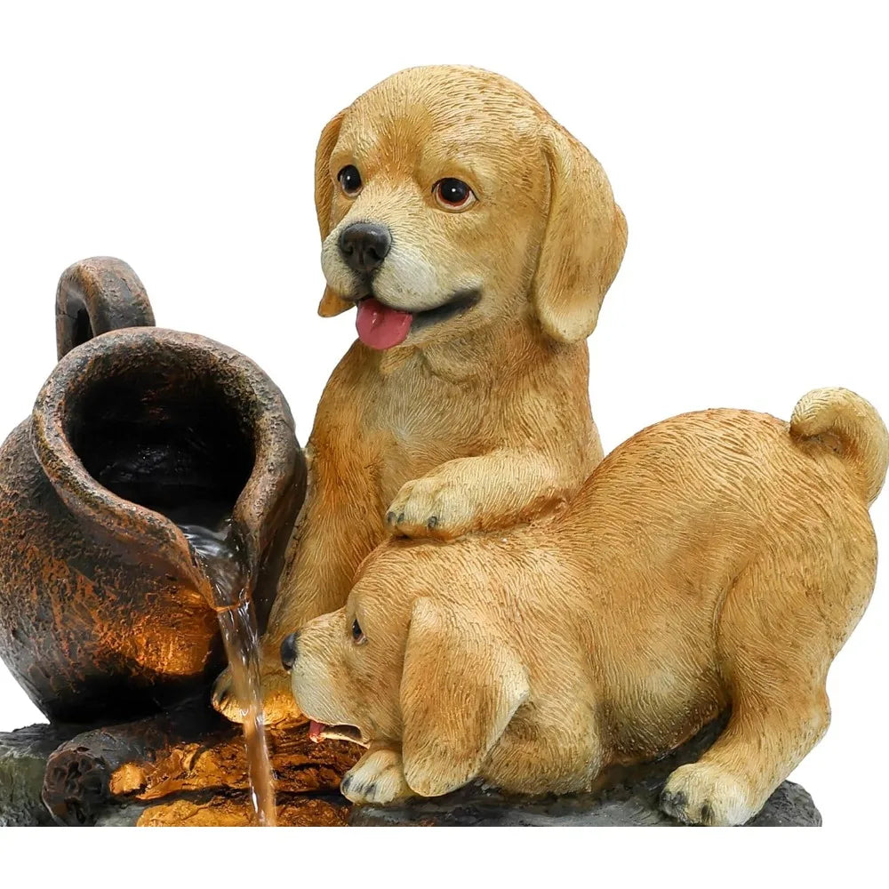 Puppy Rock Tower Farmhouse Resin Fountain with Lights, Outdoor Water Fountain