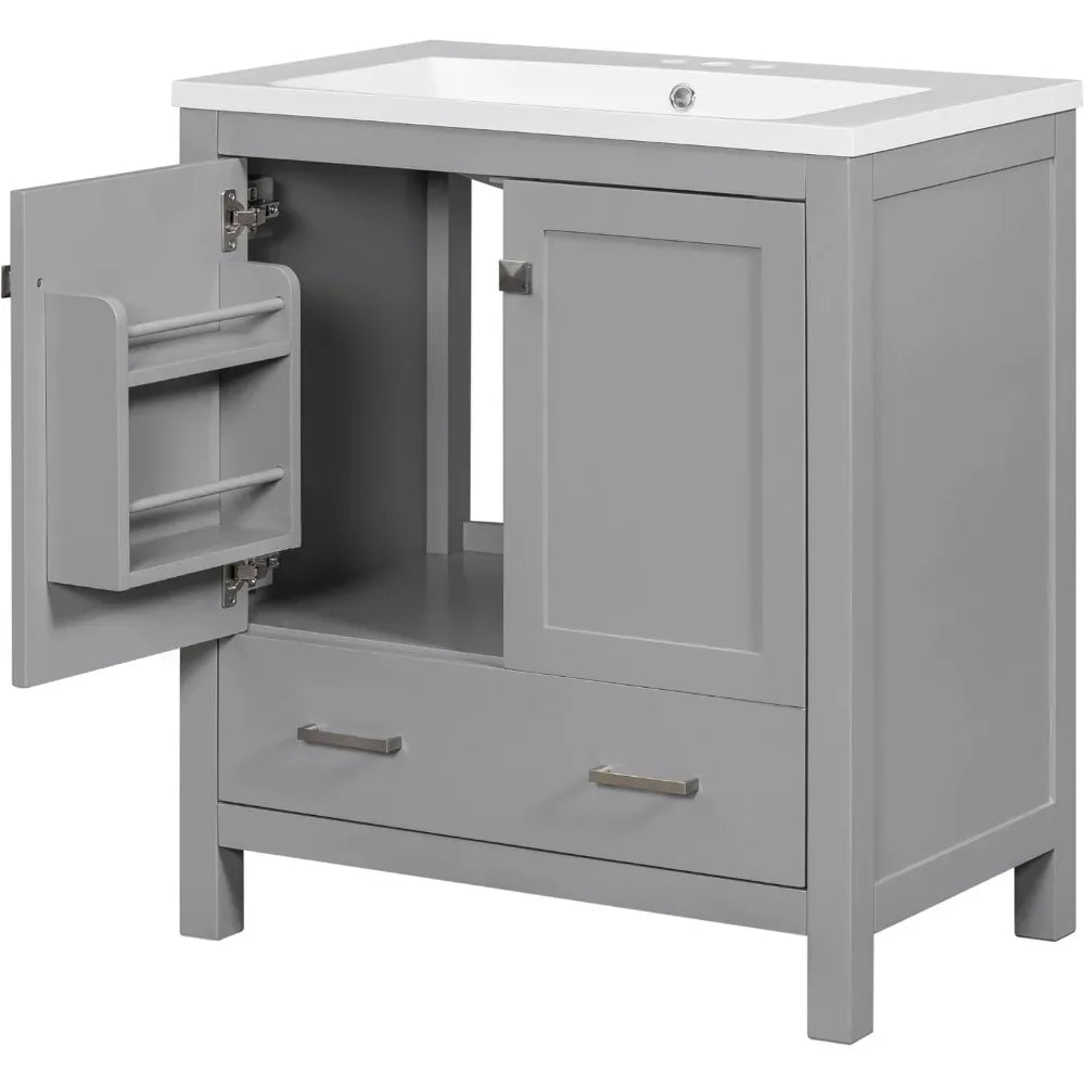 30 Inch Bathroom Vanity with Sink, Solid Wood Bathroom Cabinet with One Drawer and 2 Doors, Multifunctional Storage Organizers