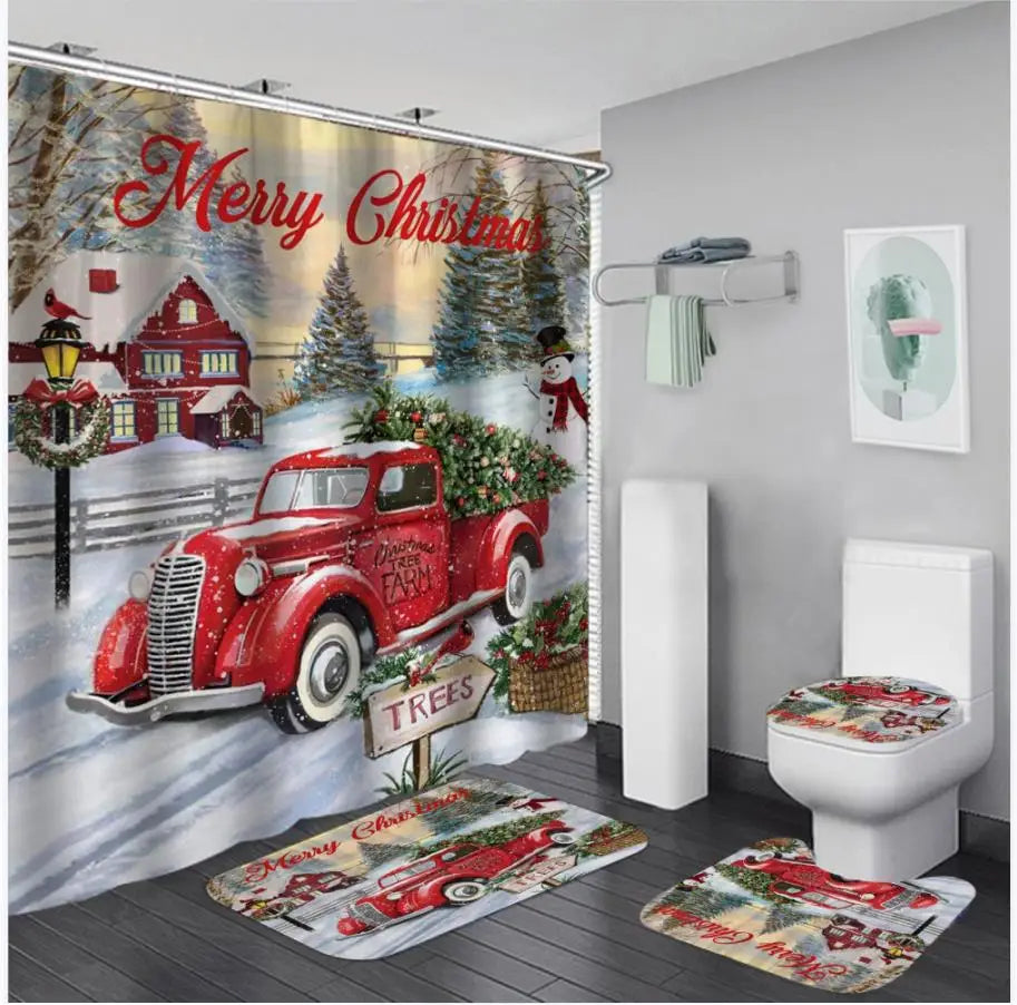 4PCS Christmas Bathroom Shower Curtain Set Snowman Santa Claus Printed Waterproof Shower Curtain Toilet Cover Mat Non Slip Rugs