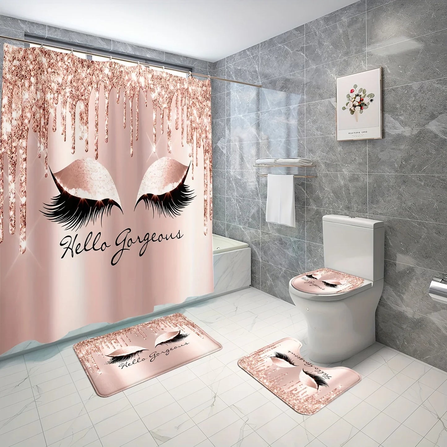 4pcs Pink Eyelash Shower Curtain Set - Waterproof and Easy-to-Clean with 12 Durable , Non-Slip Rug, Soft Toilet Lid Cover Pad,