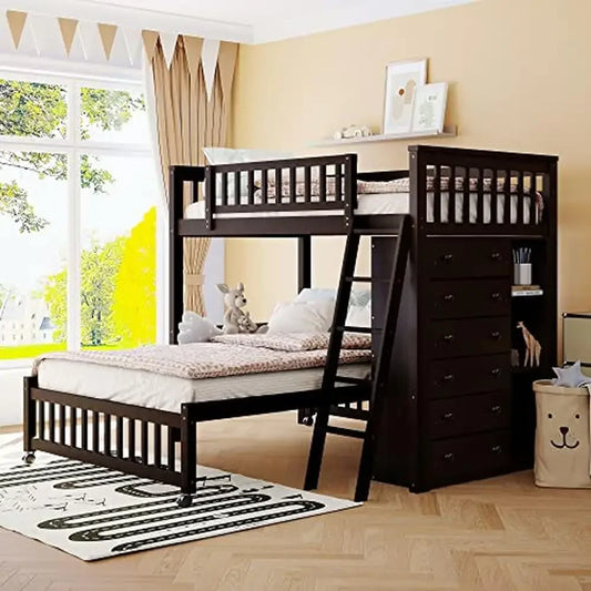 Twin Over Full Bunk Bed with Storage Drawers 3 Shelves Flexible Sturdy Movable Lower No Box Spring Needed Mattress Not Included