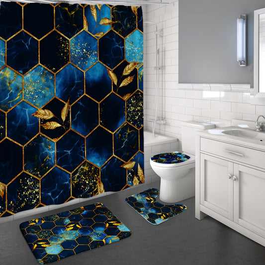 4pcs Modern Marble Shower Curtain Set, Elegant Gold Fabric Shower Curtains Bathroom Decor