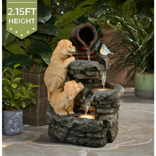 Puppy Rock Tower Farmhouse Resin Fountain with Lights, Outdoor Water Fountain