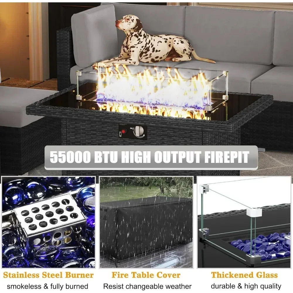 8 Piece Patio Furniture Set with 44" Propane Gas Fire Pit Table