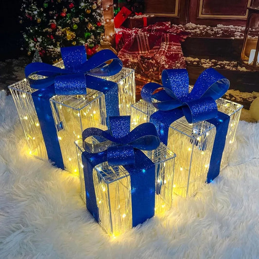 Set of 3 Christmas Lighted Gift Boxes 140 LED Light Up Xmas Present Ornament for Tree Indoor Outdoor Yard