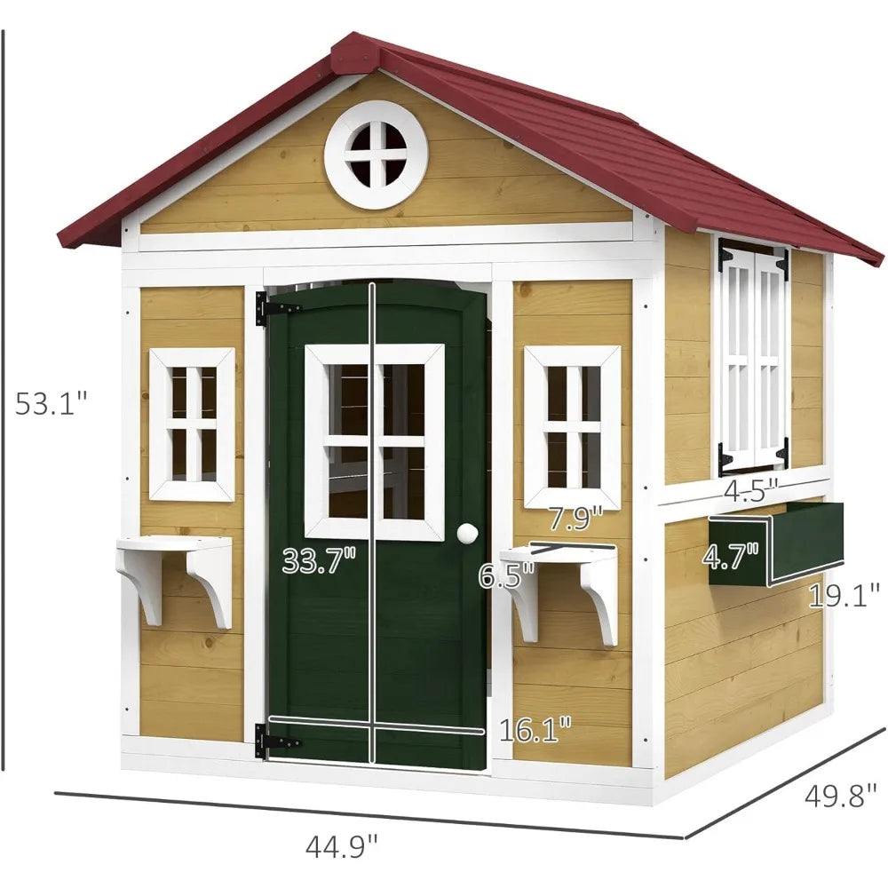 Playhouse for Kids Outdoor, Wooden Playhouse with Doors, Windows, Planter Pots and Boxes for Toddlers 3-8 Years