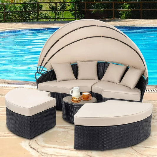 Patio Furniture Round Daybed with Retractable Canopy